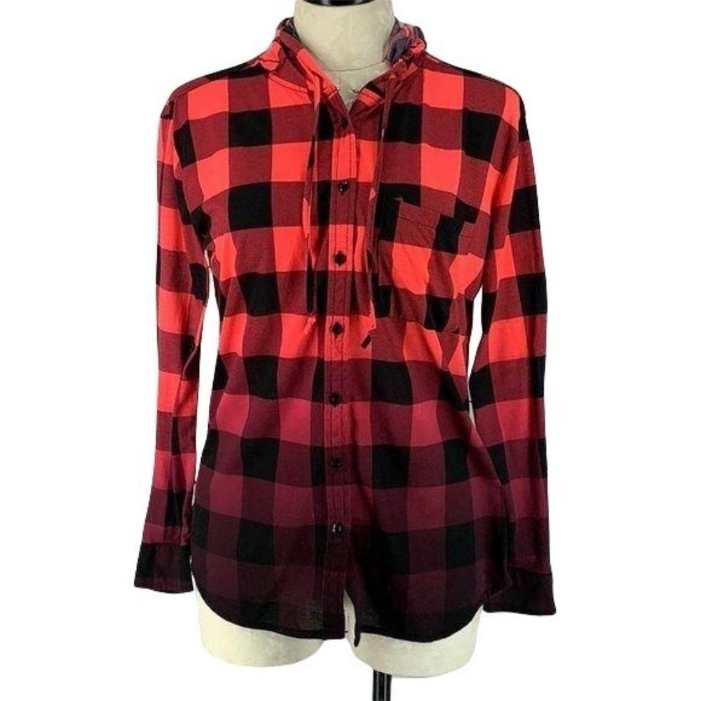 J For Justify Plaid pink black small‎ hooded blouse
